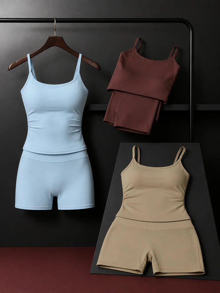 Editorial fashion capsule still life, 3:4. Arrange three exact sourced color variants of the same co
